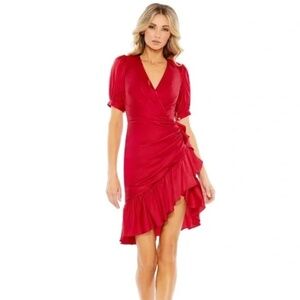 NWT Ieena for Mac Duggal Short Puff Sleeve Faux Wrap Mini Dress - size 0